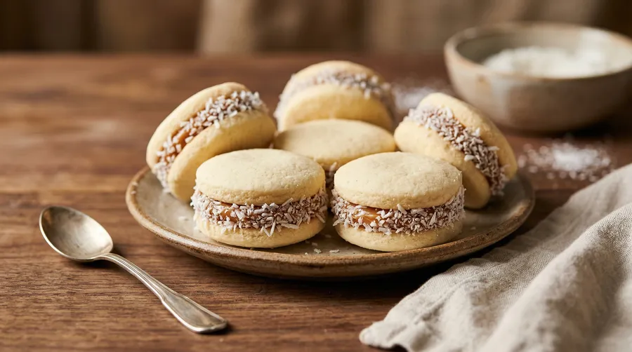 Alfajores de maicena rellenos con dulce de leche y coco rallado sobre superficie de madera rústica