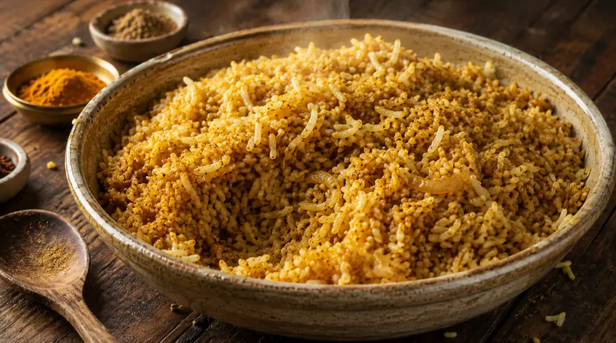 Arroz al curry en un plato hondo