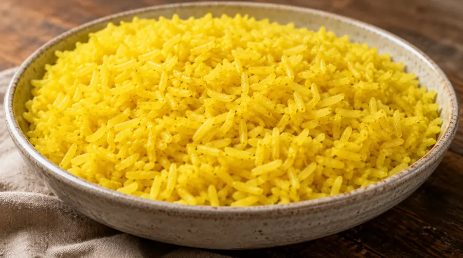 Arroz amarillo servido en una fuente, con el color parejo en cada grano