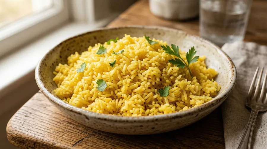 Arroz con azafrán dorado servido en bol de cerámica rústica