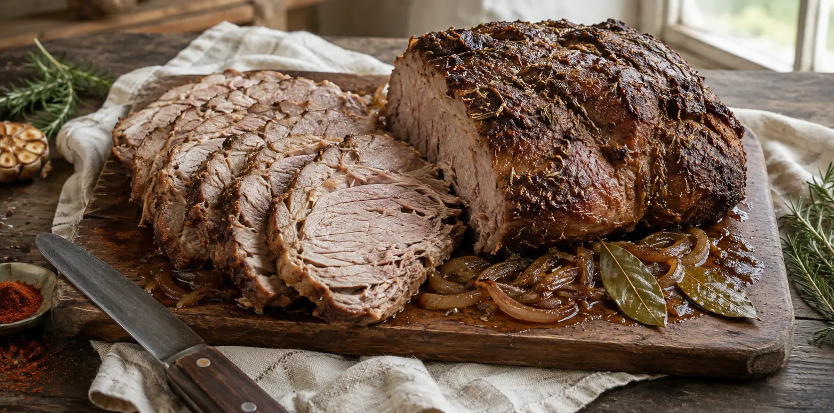 Bondiola de cerdo al horno cortada en rodajas sobre tabla de madera, con costra oscura de especias y el jugo de cocción alrededor