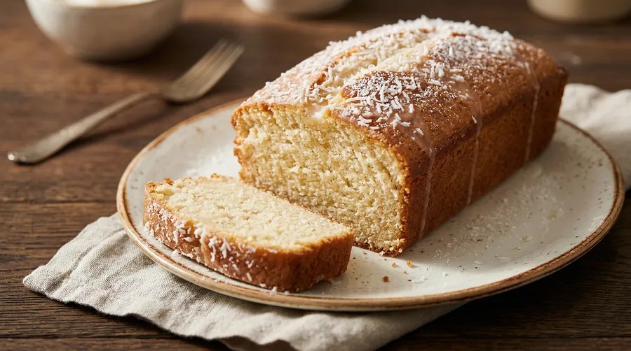 Budín de coco cortado en rodajas con glaseado y coco rallado por encima sobre plato de cerámica rústica