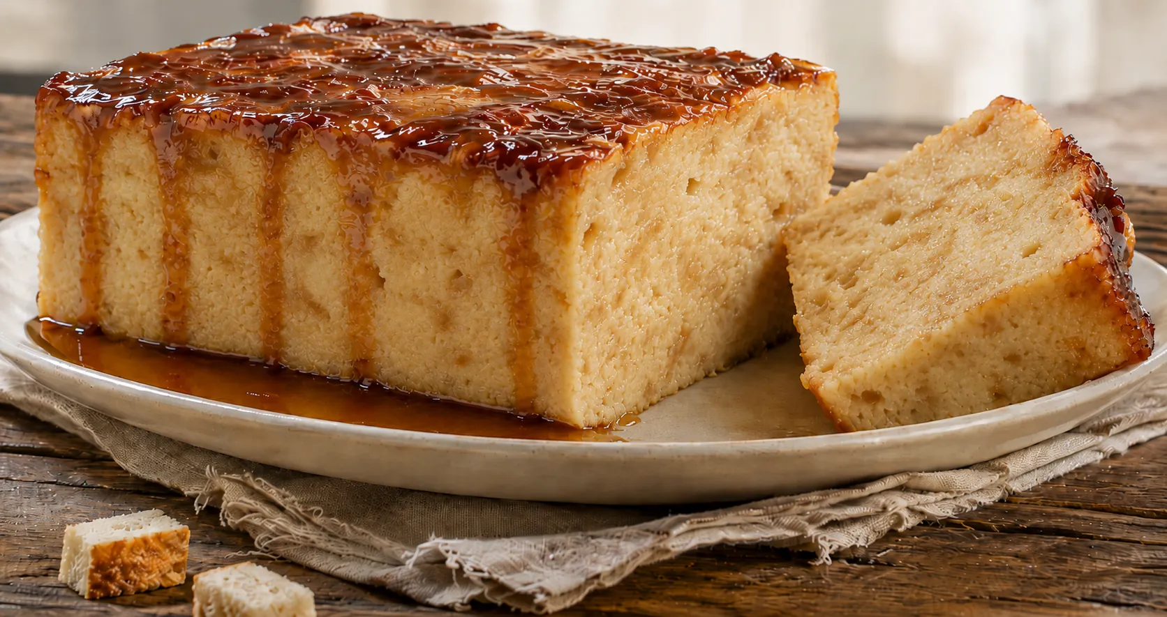 Budín de pan desmoldado con caramelo corriendo por los costados, con una porción cortada sobre plato de cerámica