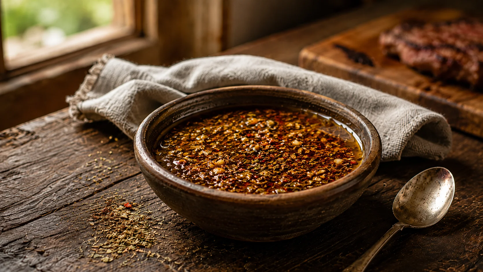 Chimichurri casero en frasco de vidrio con aceite, ají molido y orégano sobre tabla de madera rústica