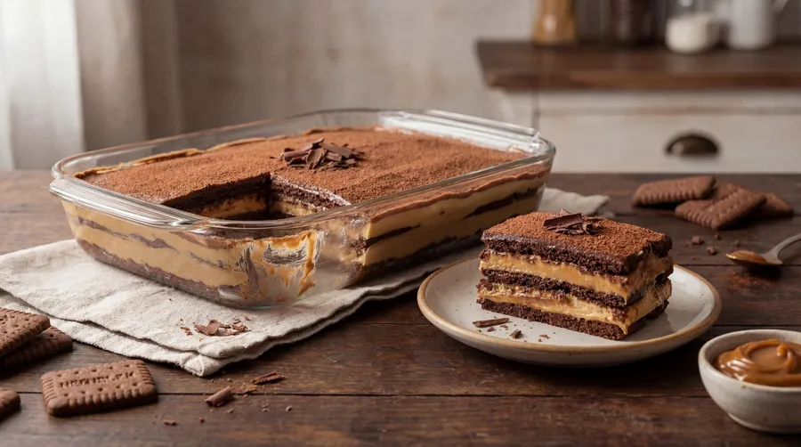 Chocotorta rectangular en fuente de vidrio sobre mesa de madera oscura, con porción cortada mostrando capas de galletitas y crema, espolvoreada con cacao