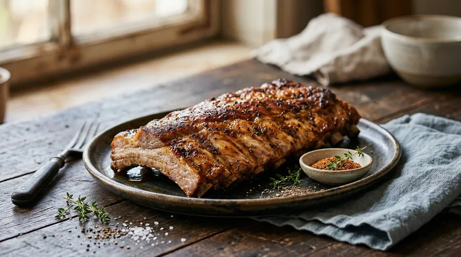 Costillas de cerdo al horno con costra de especias y jugos propios