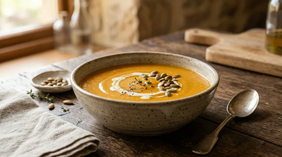 Crema de zapallo en bowl de cerámica rústica con semillas tostadas, espiral de crema y pimienta negra