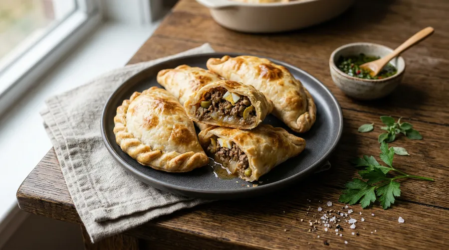 Empanadas de carne argentinas doradas sobre superficie rústica