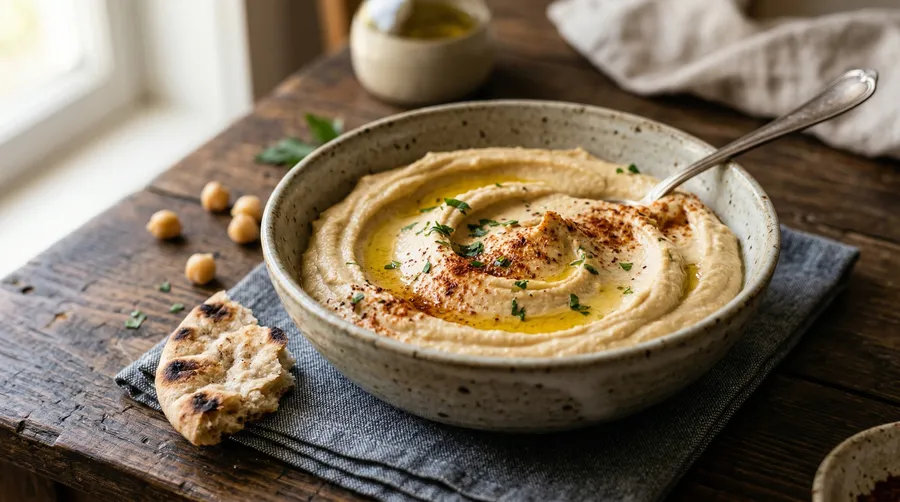 Hummus casero en bowl de cerámica con pimentón, aceite de oliva, perejil y pan de pita