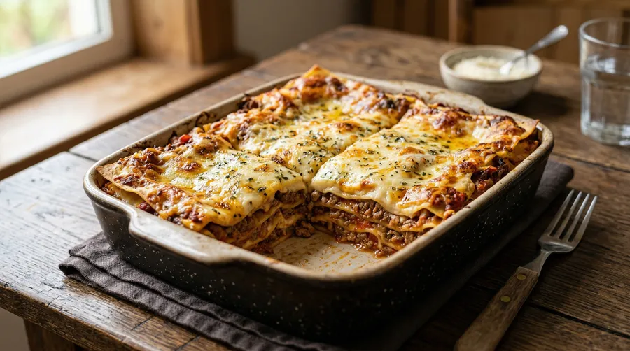 Lasaña casera recién horneada con queso gratinado y capas visibles de carne y salsa