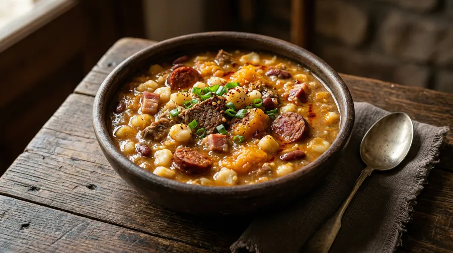 Locro argentino con maíz, porotos, chorizo y zapallo servido en bol de barro