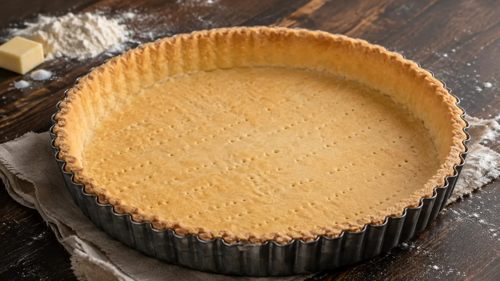 Base de masa para tarta dulce horneada a ciegas en molde acanalado, dorada y pinchada con tenedor, sobre mesa de madera oscura