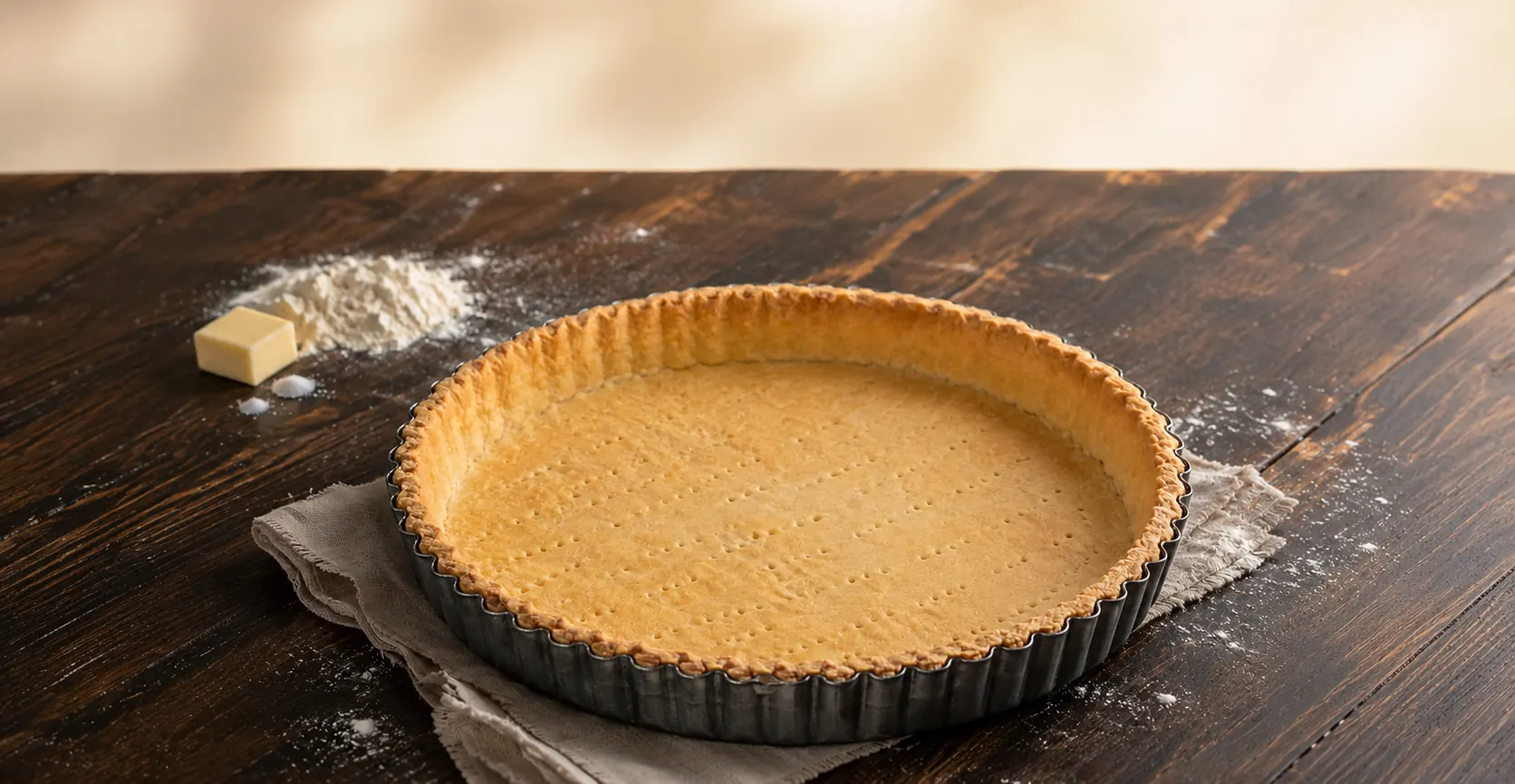 Base de masa para tarta dulce horneada a ciegas en molde acanalado, dorada y pinchada con tenedor, sobre mesa de madera oscura
