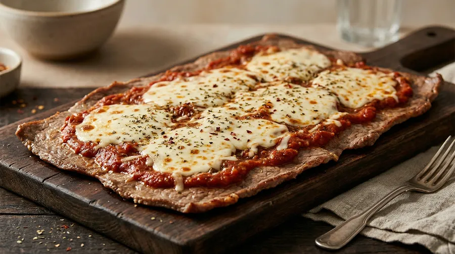 Matambre a la pizza con queso fundido, salsa de tomate, jamón y orégano