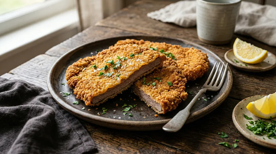 Milanesa casera recién frita con condimentos 51