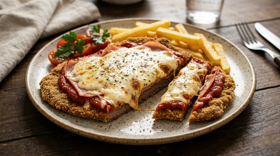 Milanesa napolitana con salsa, jamón y queso fundido recién salida del horno