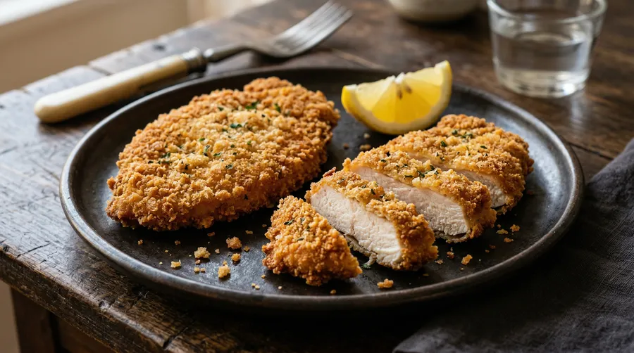 Milanesa de pollo dorada recién hecha sobre papel absorbente