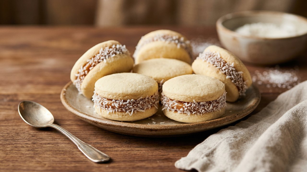 Alfajores de maicena rellenos con dulce de leche y bordes rebozados en coco rallado, sobre plato de cerámica rústica