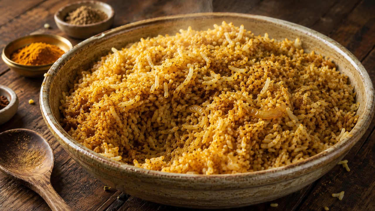 Arroz al curry dorado tostado con tiras de cebolla caramelizada, servido humeante en un bol hondo de cerámica rústica moteada sobre una mesa de madera oscura, con un bol de bronce con cúrcuma molida, un bol de madera con curry en polvo y una cuchara de madera con especias alrededor