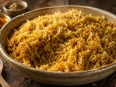 Arroz al curry dorado tostado con tiras de cebolla caramelizada, servido humeante en un bol hondo de cerámica rústica moteada sobre una mesa de madera oscura, con un bol de bronce con cúrcuma molida, un bol de madera con curry en polvo y una cuchara de madera con especias alrededor