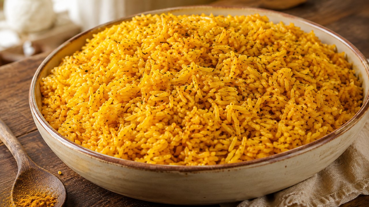 Arroz amarillo dorado anaranjado con motitas verdes de orégano y puntos de pimienta negra, servido en fuente de cerámica rústica sobre mesa de madera oscura, con una cuchara de madera con cúrcuma en polvo al costado