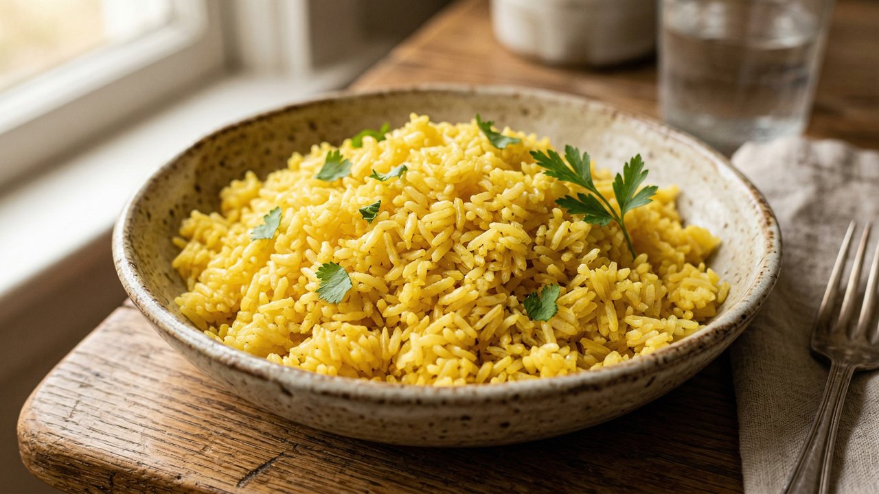 Arroz con azafrán de color amarillo dorado intenso con perejil fresco en bowl de cerámica sobre tabla de madera