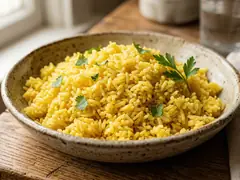 Arroz con azafrán dorado servido en bol de cerámica rústica