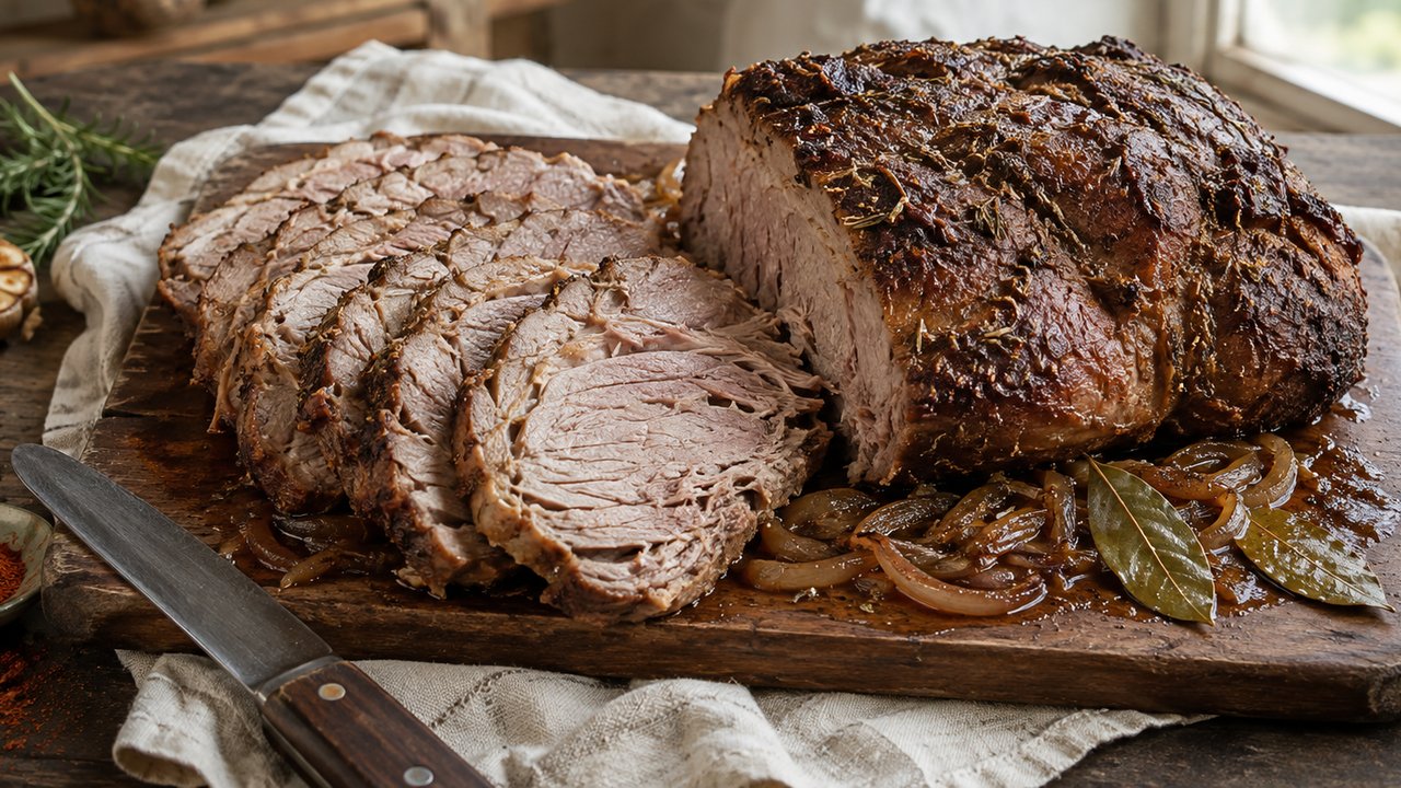 Bondiola de cerdo al horno cortada en rodajas sobre tabla de madera, con costra oscura de especias y el jugo de cocción alrededor