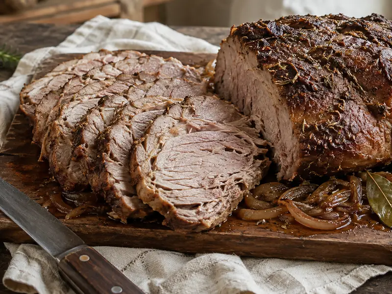 Bondiola de cerdo al horno cortada en rodajas sobre tabla de madera, con costra oscura de especias y el jugo de cocción alrededor