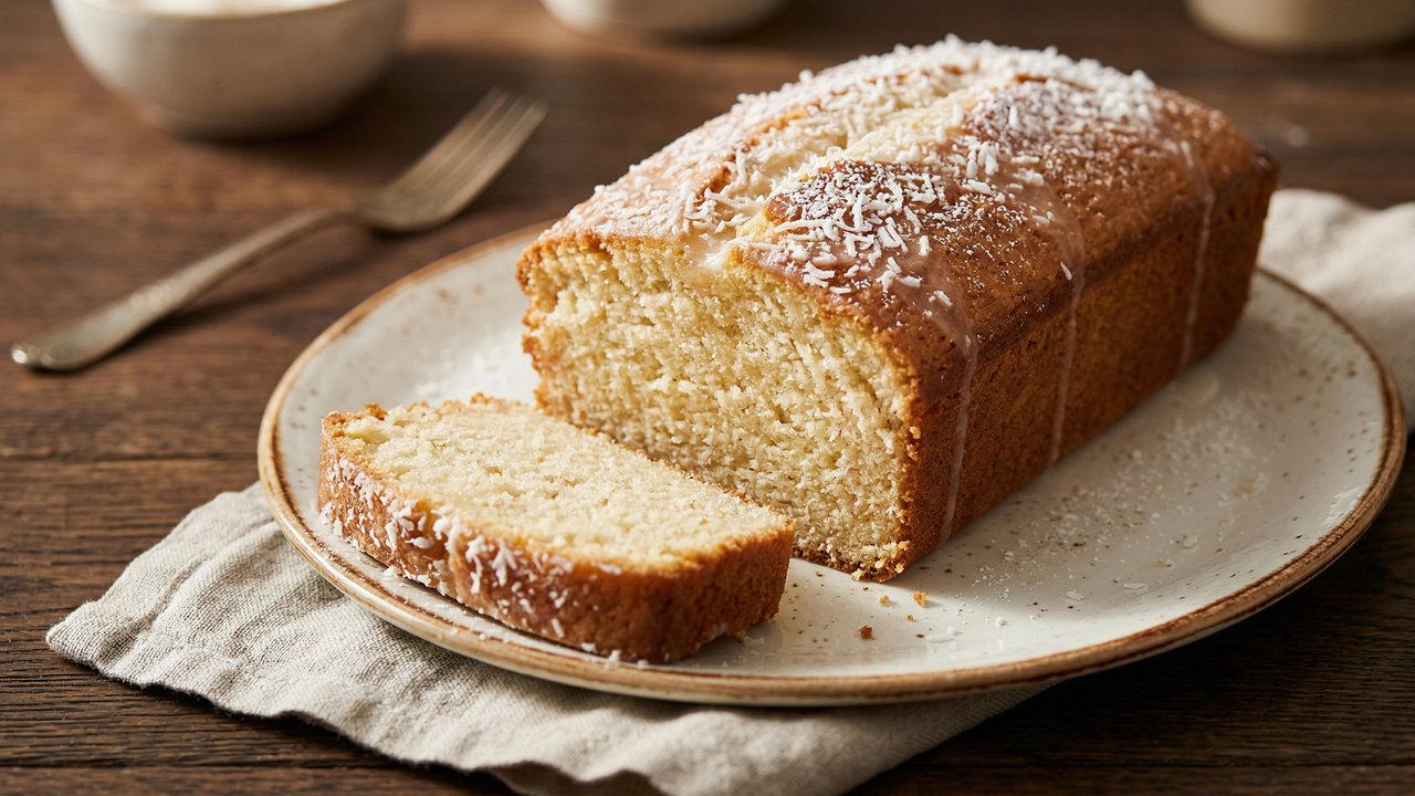 Budín de coco rebanado con glaseado y coco rallado en plato rústico sobre mesa de madera