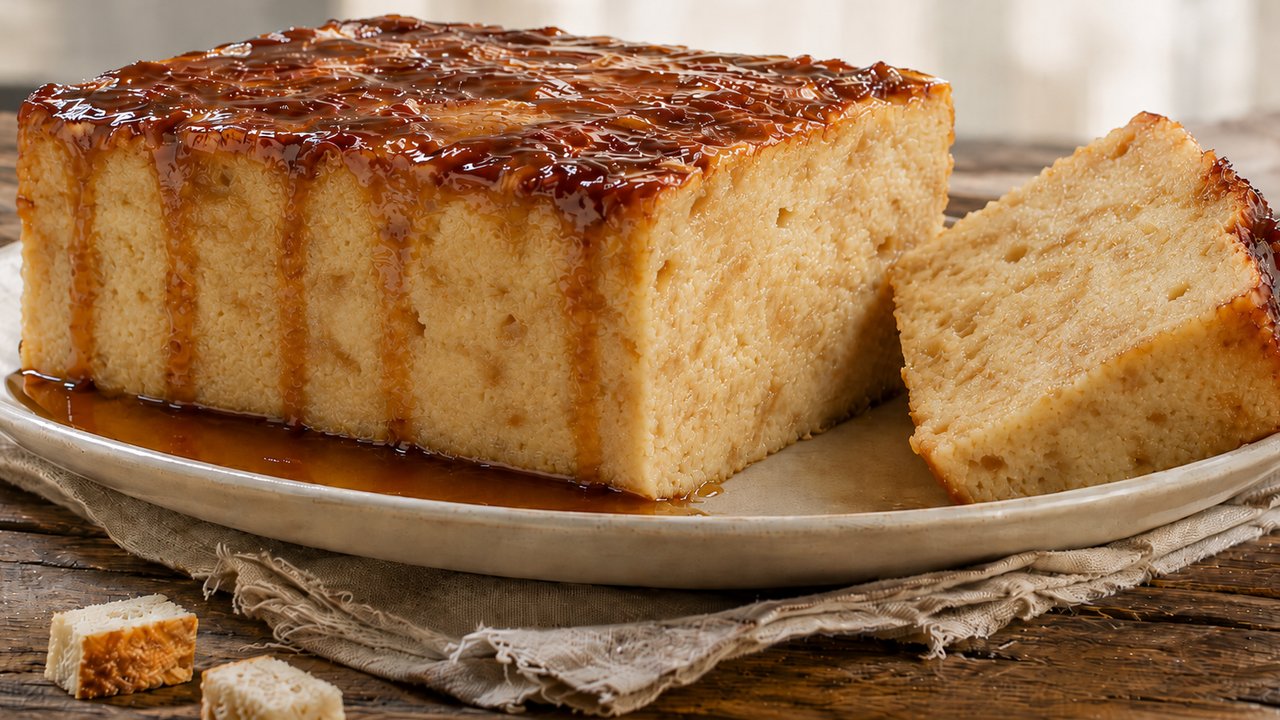 Budín de pan casero con caramelo brillante corriendo por los costados, con una porción cortada al lado sobre plato de cerámica clara, lienzo de lino y cubos de pan viejo sobre mesa de madera oscura