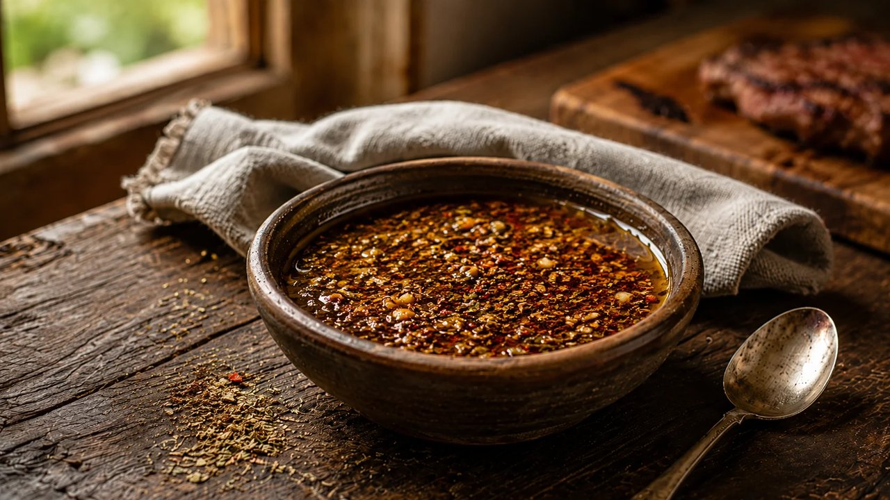 Chimichurri casero en frasco de vidrio con aceite, ají molido y orégano sobre tabla de madera rústica