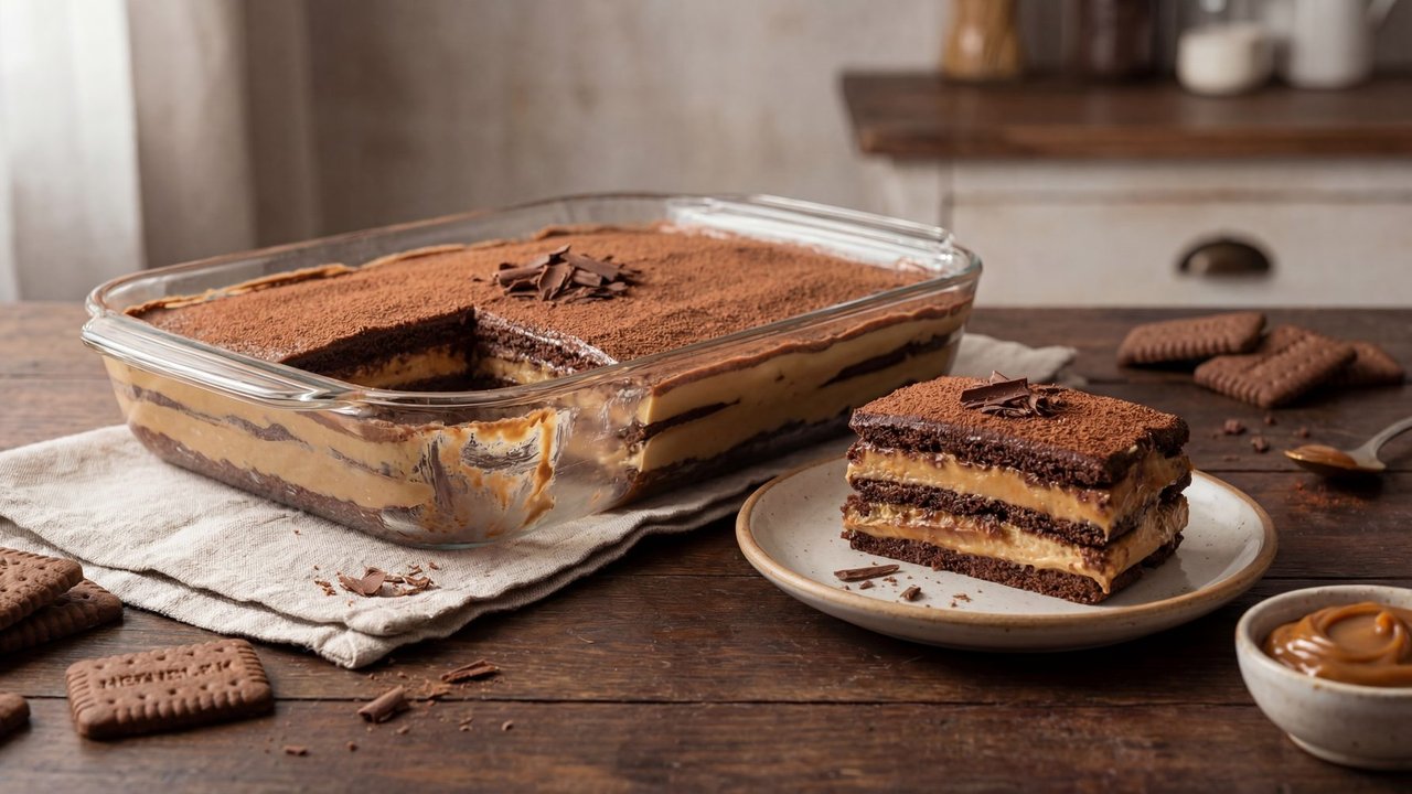 Chocotorta argentina en fuente de vidrio con porción cortada mostrando capas de galletitas y crema, cubierta con cacao en polvo