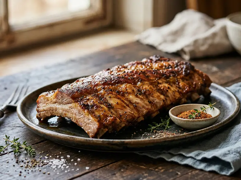 Costillas de cerdo al horno con costra de especias y jugos propios