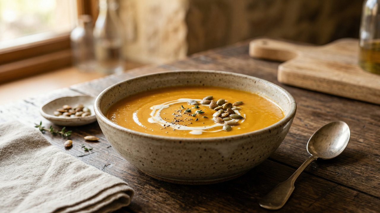 Crema de zapallo en bowl rústico con crema ácida en espiral, semillas de zapallo tostadas y tomillo fresco