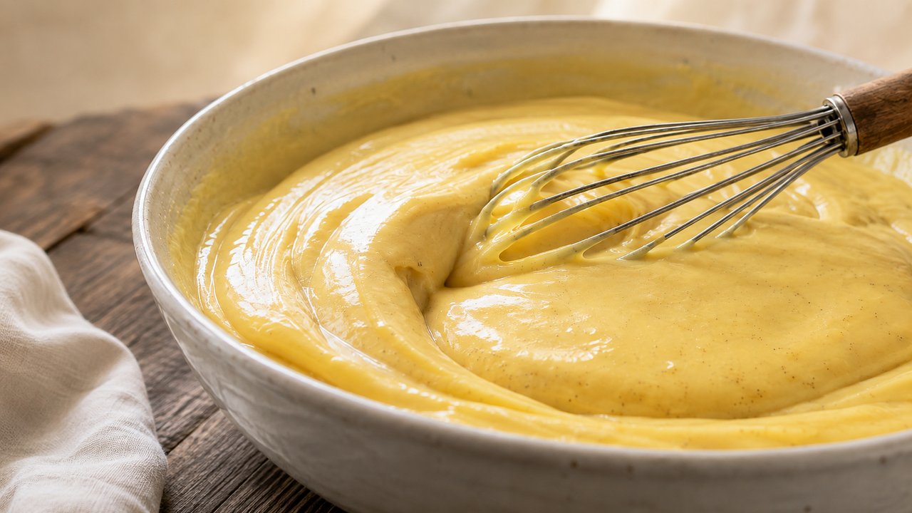 Crema pastelera amarilla y brillante en un bol de ceramica, espesa y con puntos de vainilla, con un batidor de mango de madera apoyado adentro, sobre mesa de madera