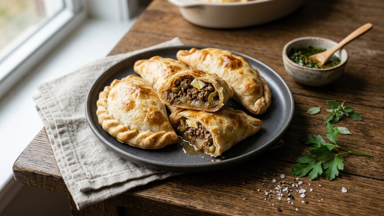 Empanadas de carne criollas con relleno de carne picada al corte en plato negro, con chimichurri al costado