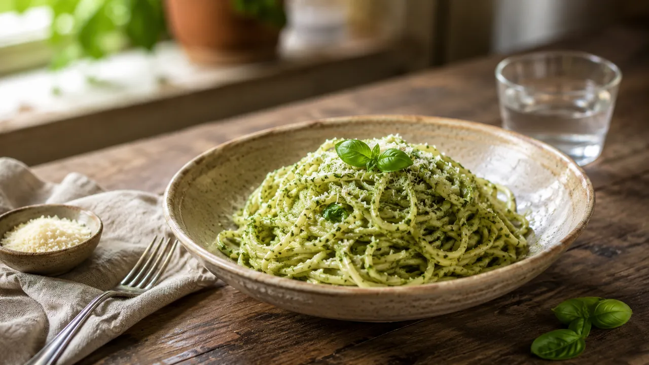 Fideos al pesto con albahaca fresca, parmesano y nueces en plato blanco sobre mesa de madera