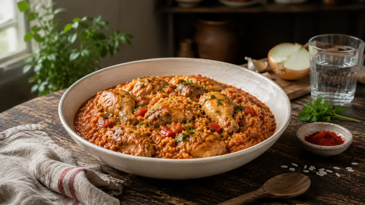 Guiso de arroz con pollo con pimentón, comino y ají molido en cazuela de cerámica rústica sobre mesa de madera oscura