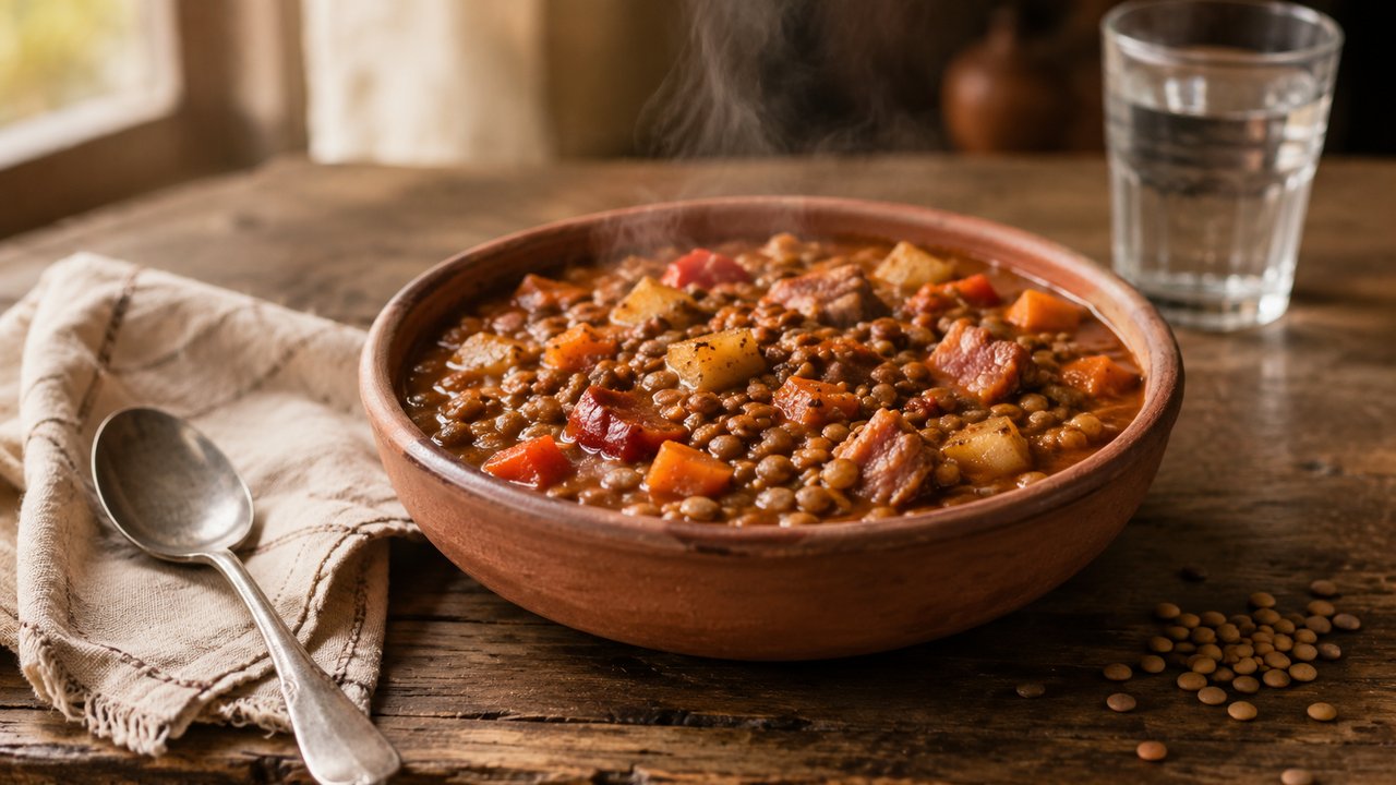 Guiso de lentejas con comino, pimentón y ají molido en cazuela de cerámica rústica sobre tabla de madera oscura