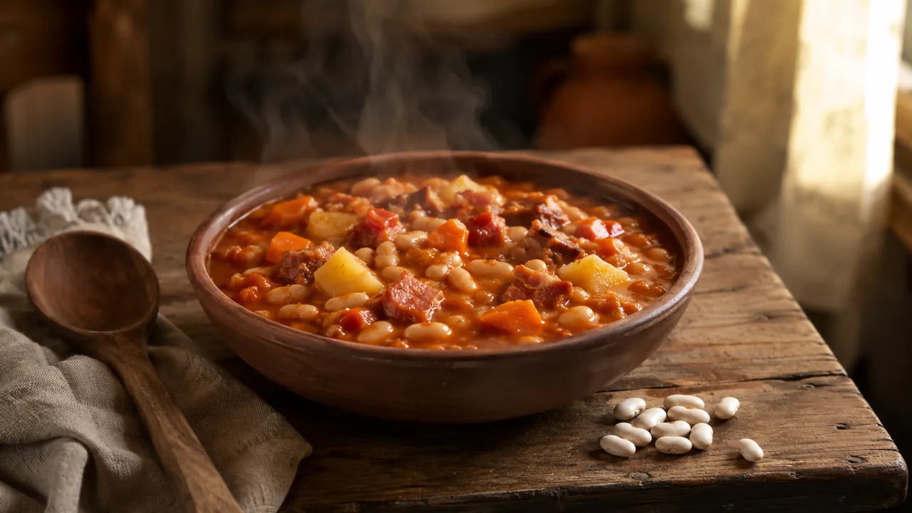 Guiso de porotos con pimentón, comino y ají molido en cazuela de barro sobre mesa de madera oscura