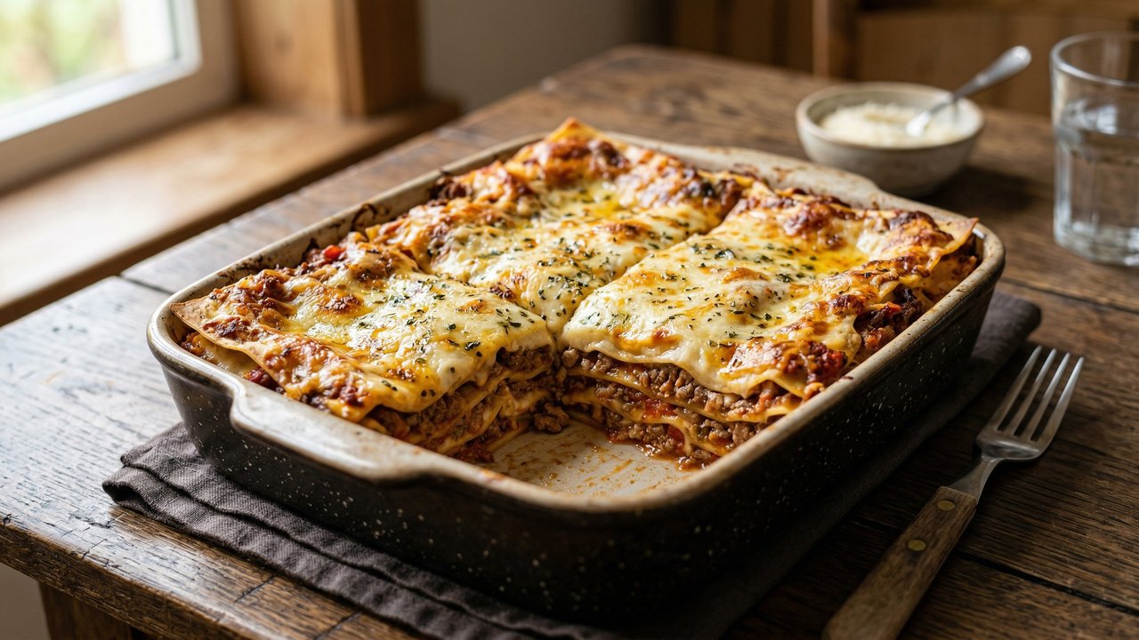 Lasaña casera con capa de queso gratinado y orégano seco en fuente de metal oscuro, con porción levantada