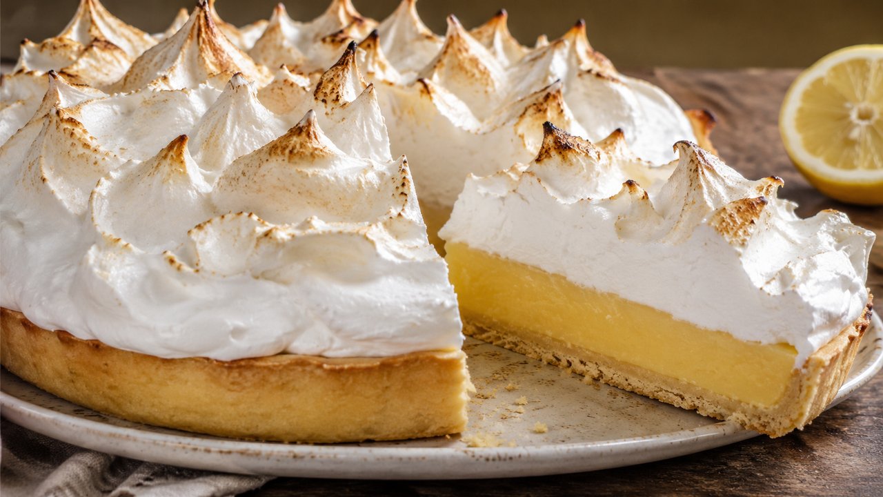 Lemon pie con una porcion cortada sobre plato de ceramica, mostrando las tres capas: base de masa, crema de limon amarilla y merengue italiano con los picos dorados al soplete