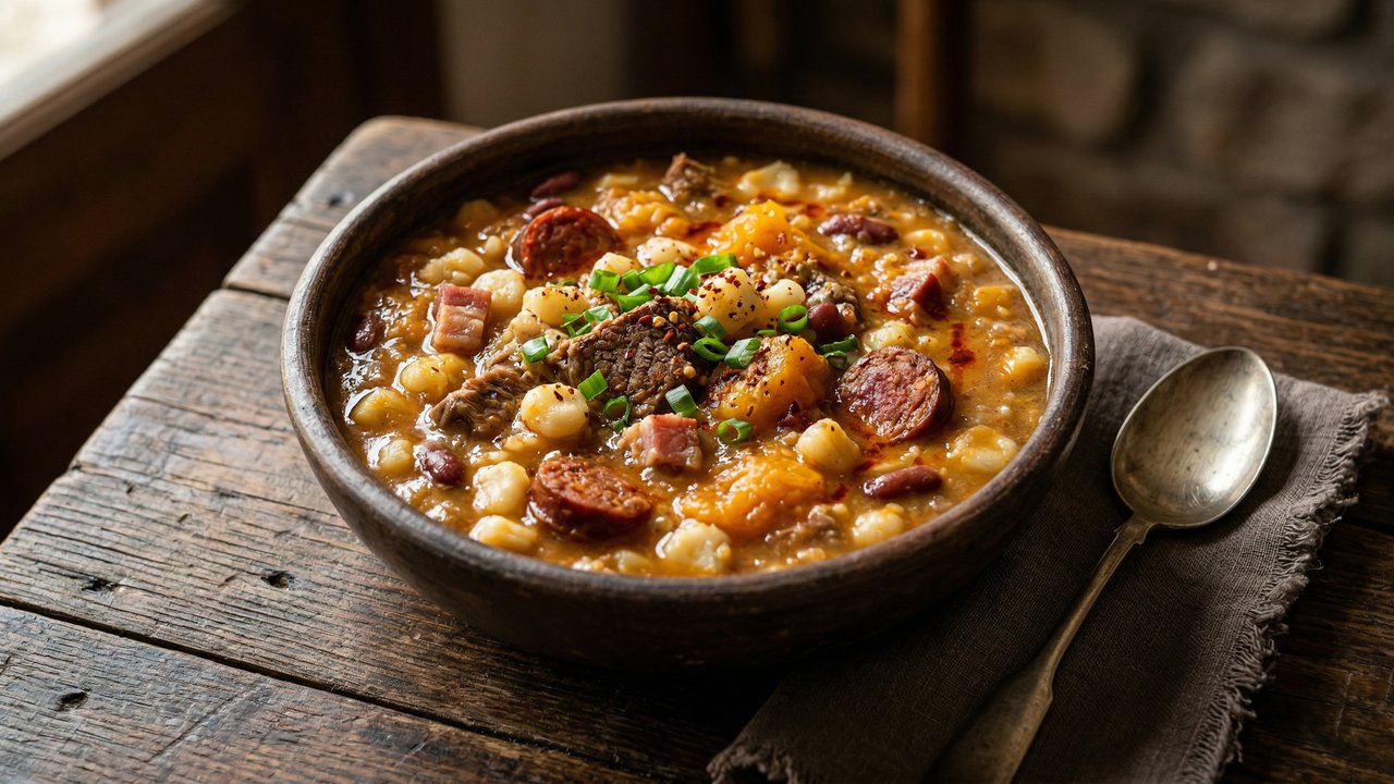 Locro tradicional argentino con maíz blanco, chorizo colorado y cebolla de verdeo en bowl de cerámica rústica