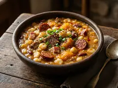 Locro argentino con maíz, porotos, chorizo y zapallo servido en bol de barro
