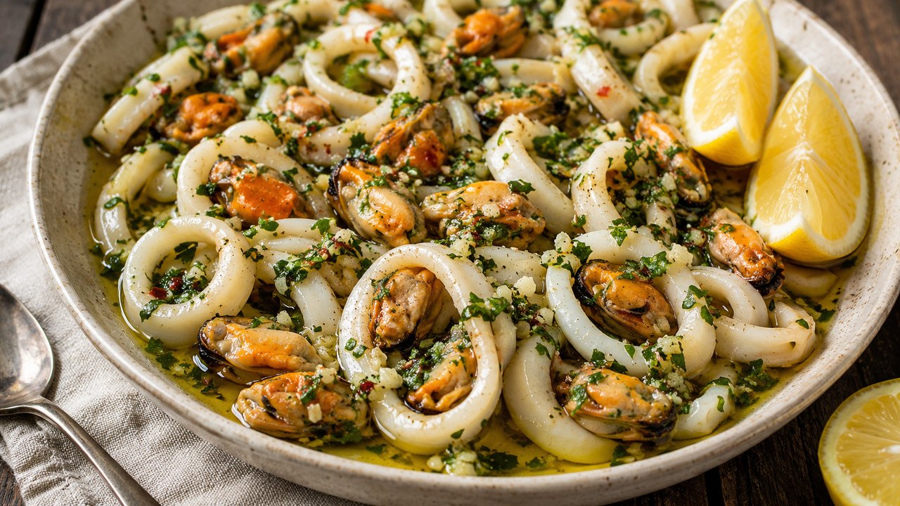 Fuente de ceramica con aros de calamar blancos y sin dorar y mejillones anaranjados, cubiertos de perejil y ajo picados en aceite, con dos gajos de limon apoyados en el borde