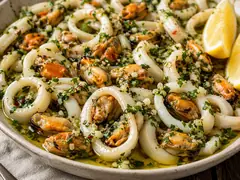 Fuente de mariscos a la provenzal con aros de calamar y mejillones cubiertos de ajo y perejil, con gajos de limón al costado