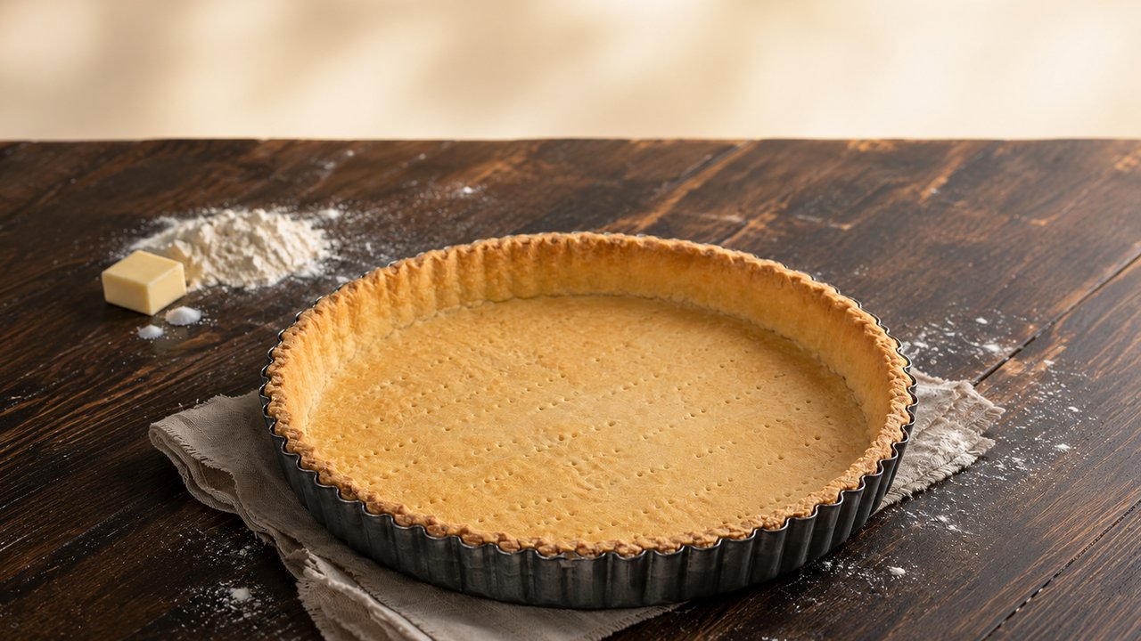 Base de masa para tarta dulce horneada a ciegas en molde acanalado, dorada y pinchada con tenedor, sobre mesa de madera oscura con harina y un cubo de manteca