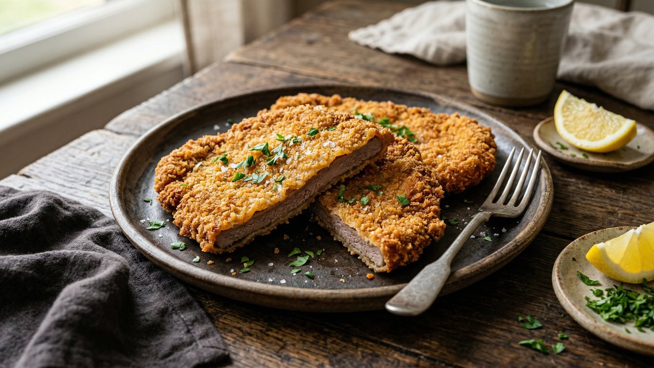 Milanesa de carne rebozada y dorada con perejil y sal en plato de cerámica oscura, con gajos de limón al costado