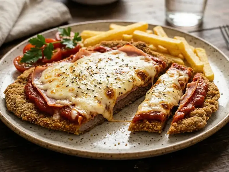 Milanesa napolitana con salsa, jamón y queso fundido recién salida del horno